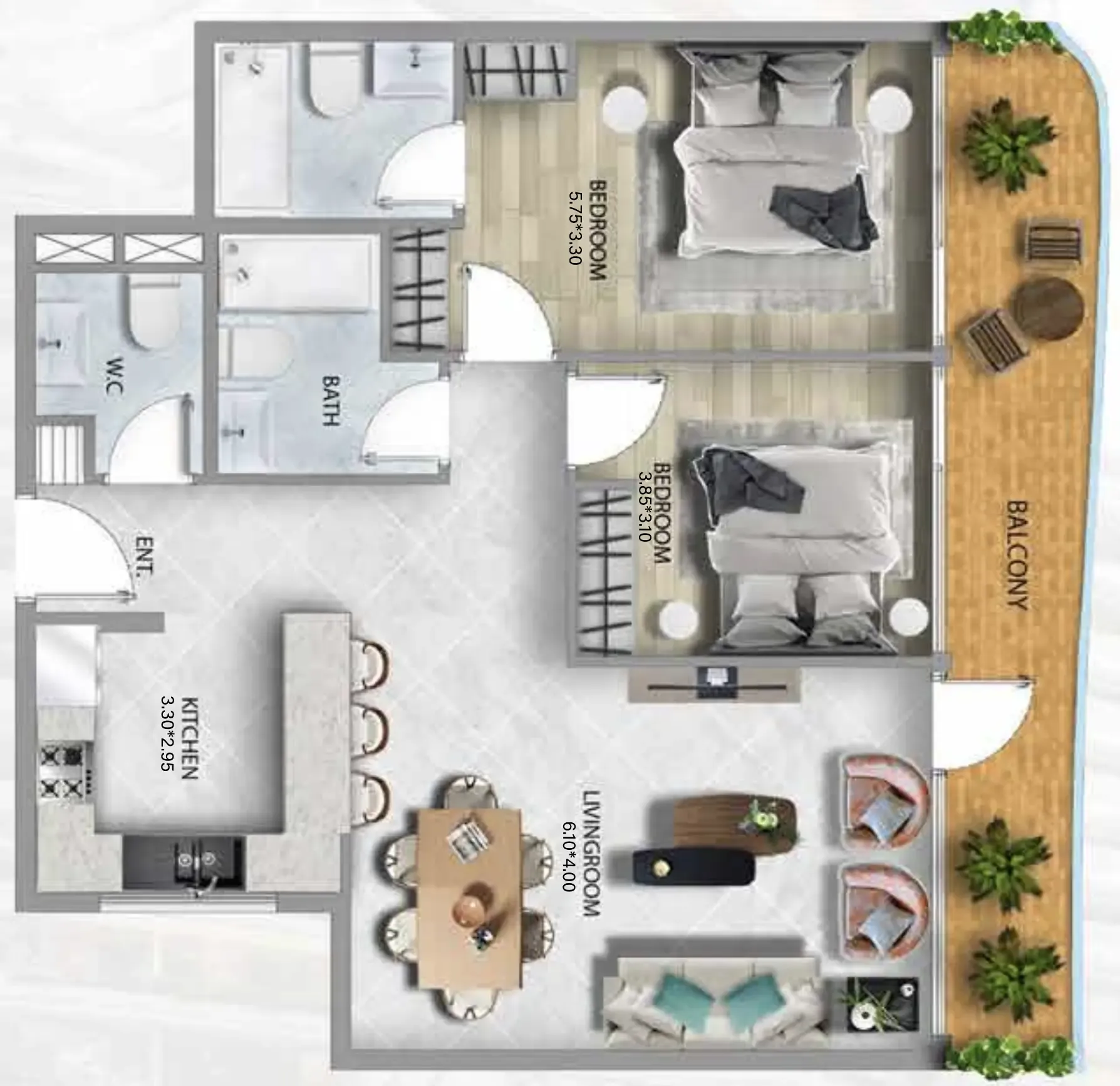 311 Boulevard 2 bed floor plan, 1,117 sqft