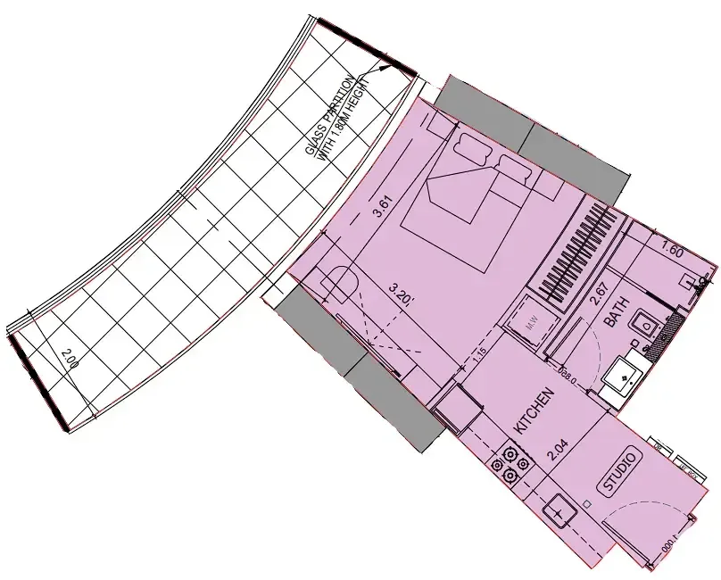Binghatti Flare Studio floor plan, 439 sqft