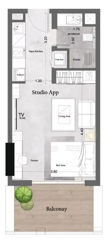 Saray Prime Residence Studio floor plan, 416 sqft