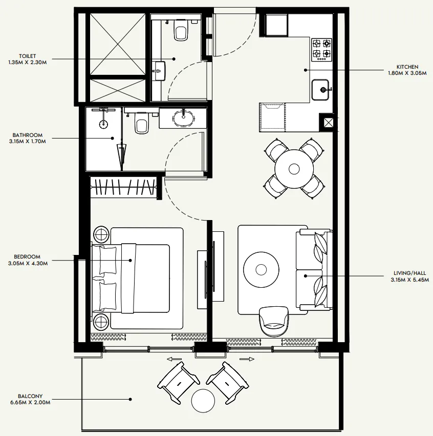 Azizi Venice 1 bed floor plan, 736 sqft