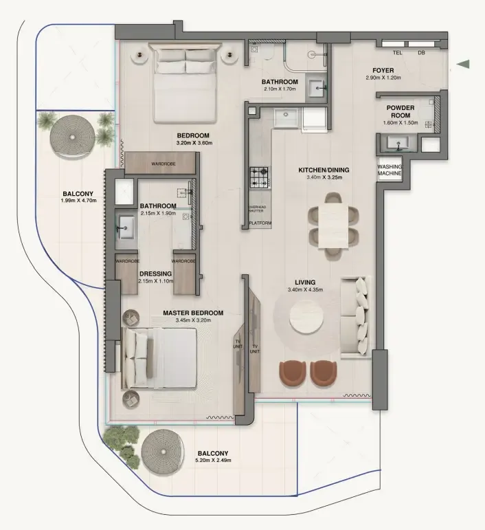 Woodland Crest 2 bed floor plan, 1,030 sqft