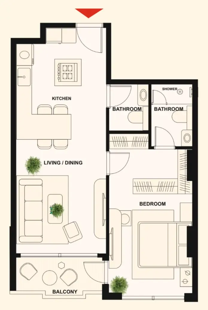 The Elysian 1 bed floor plan, 717 sqft