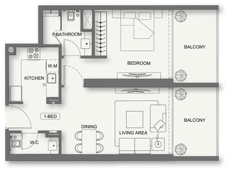 Binghatti Cullinan 1 bed floor plan, 730 – 754 sqft