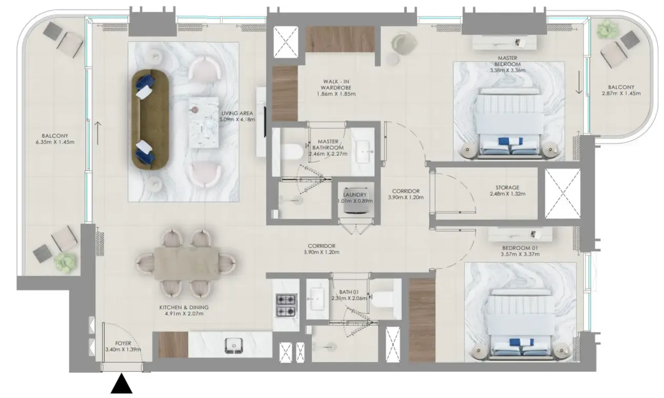 Baystar by Vida 2 bed floor plan, 1,227 sqft