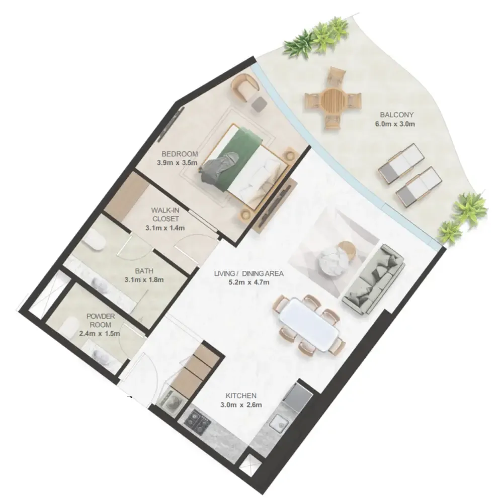 Oystra 1 bed floor plan, 947 sqft