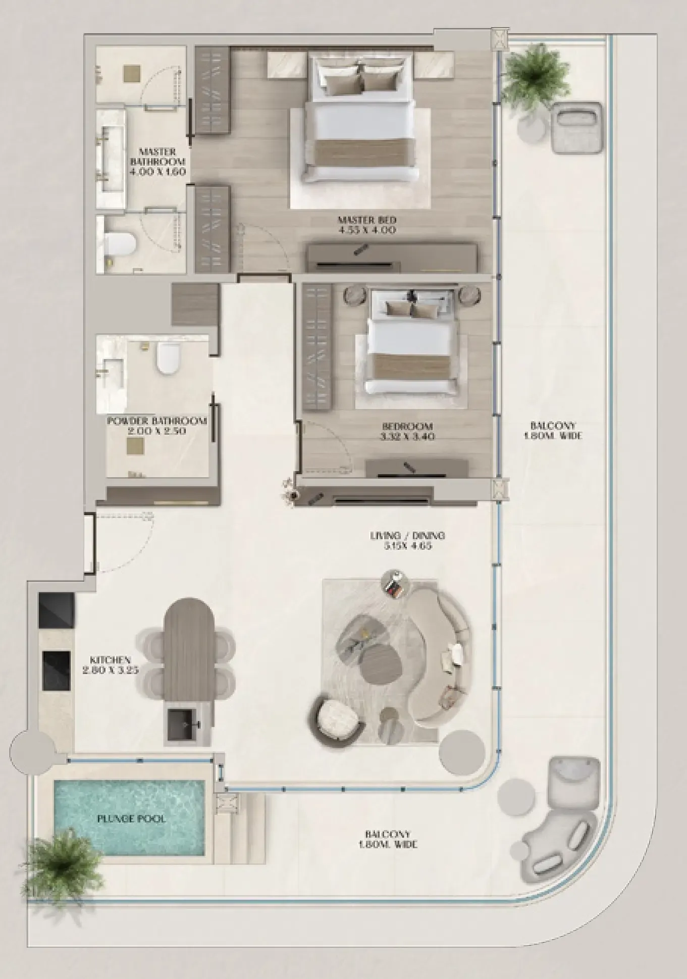 Soléva Beach Residences 2 bed floor plan, 1,517 sqft