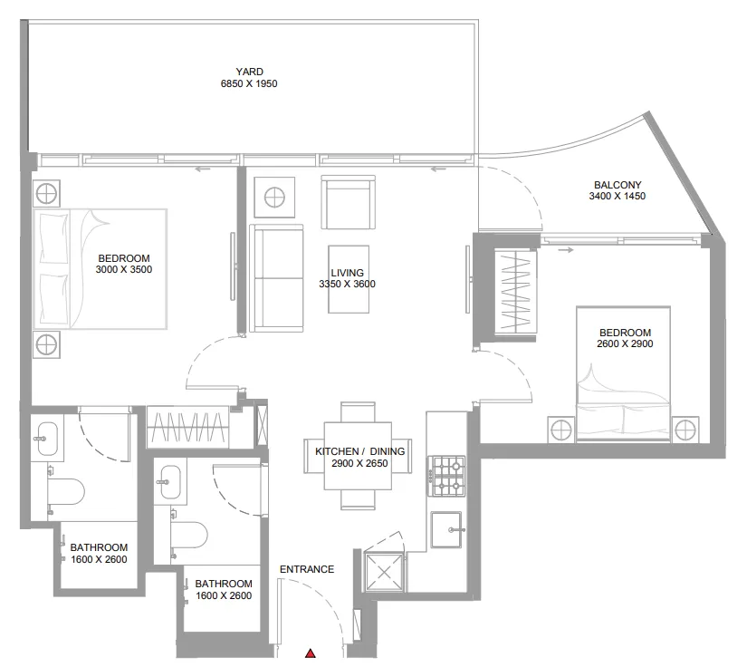 Canalside Marina Residences 2 bed floor plan, 825 sqft