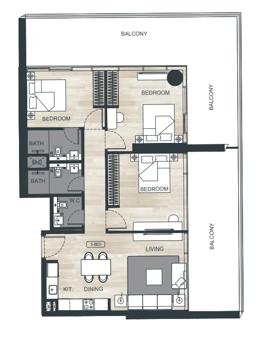Binghatti Ghost 3 bed floor plan, 1,604 sqft