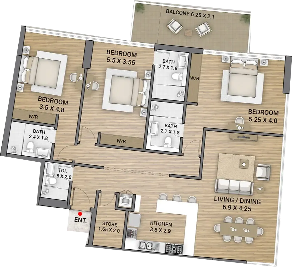 Ocean Tower 3 bed floor plan, 1,924 sqft