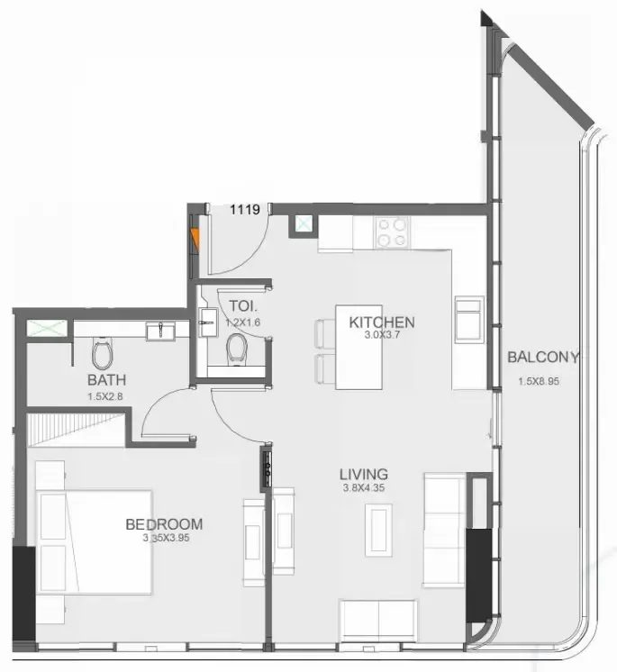 Floarea Oasis 1 bed floor plan, 762 sqft