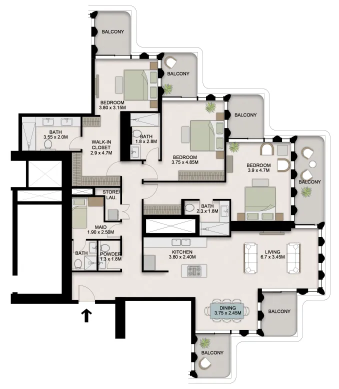 One B Tower 3 bed floor plan, 2,359 sqft