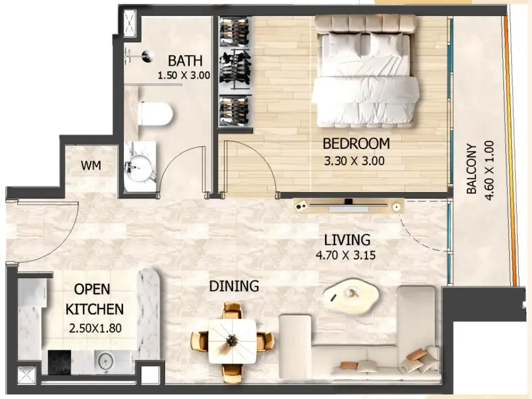 Crystal Tower by VHS 1 bed floor plan, 515 sqft
