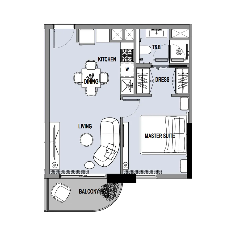Verso 1 bed floor plan, 516 sqft