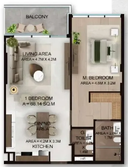 Cresswell Plaza 1 bed floor plan, 803 sqft