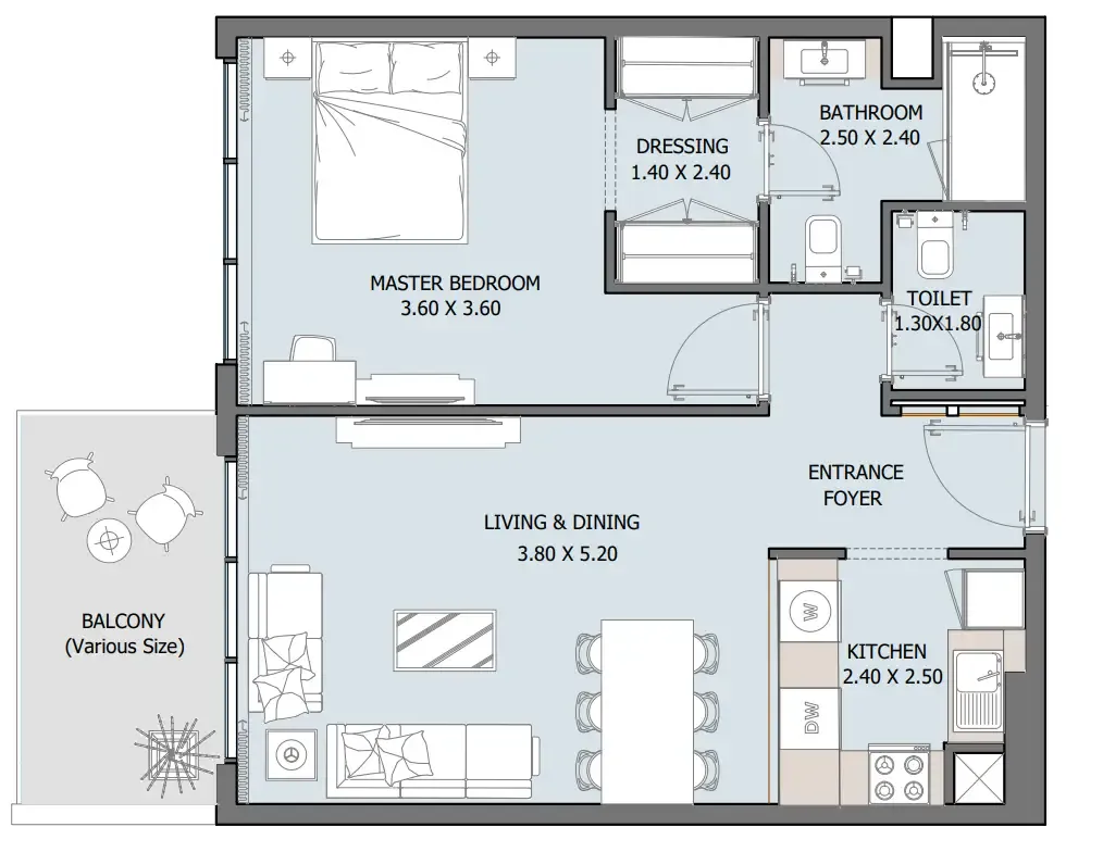 Oceana 1 bed floor plan, 728 – 747 sqft