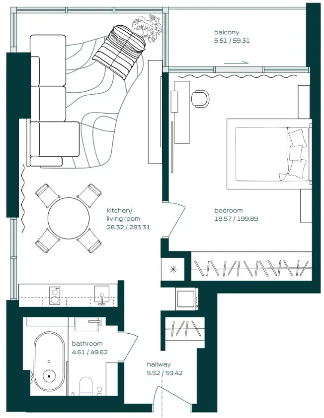 Vibe 1 bed floor plan, 735 sqft