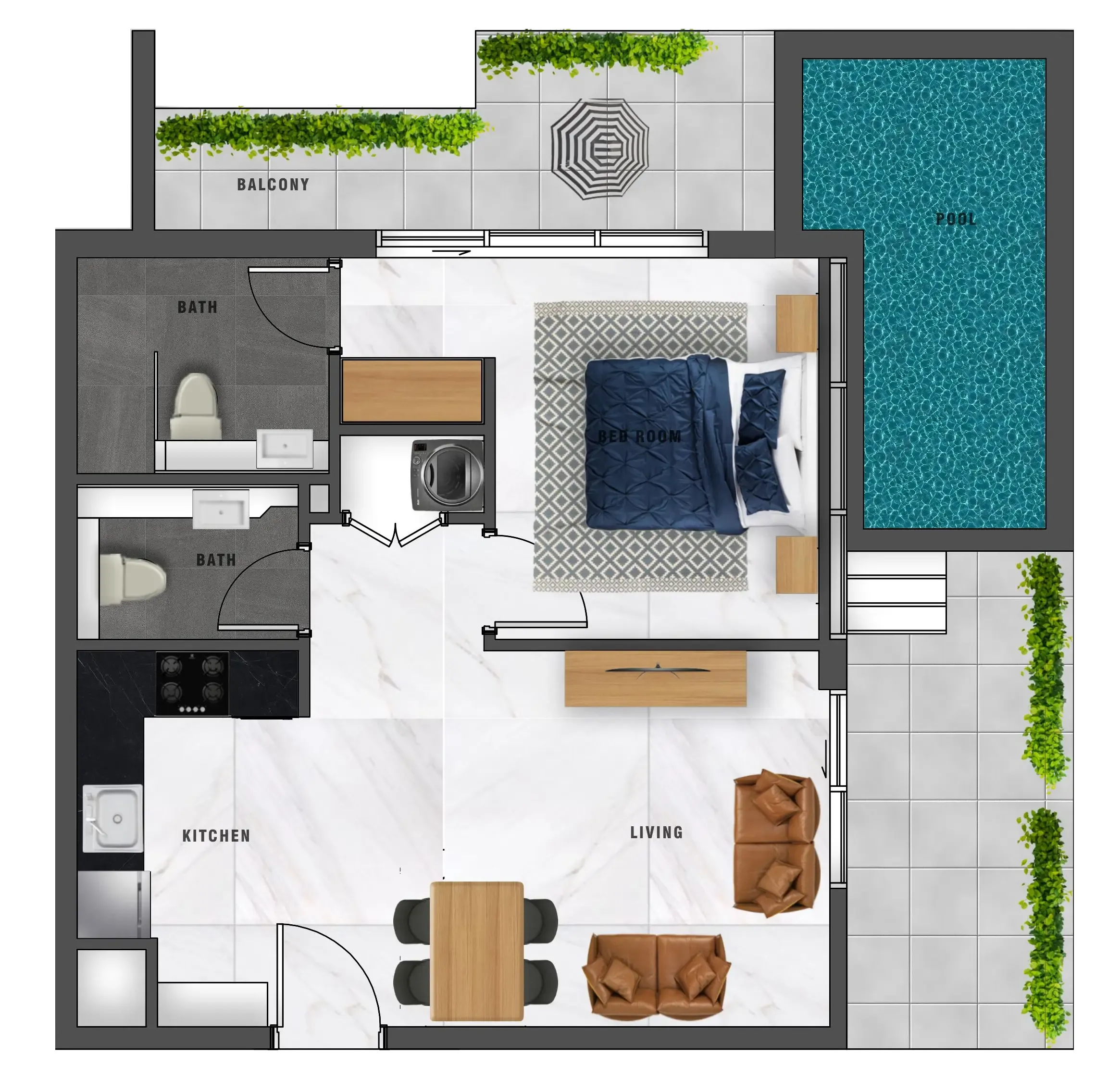Samana Waves 1 bed floor plan, 848 sqft