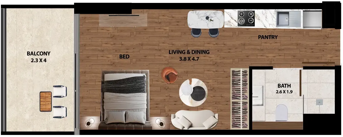 Marquis One Studio floor plan, 443 sqft