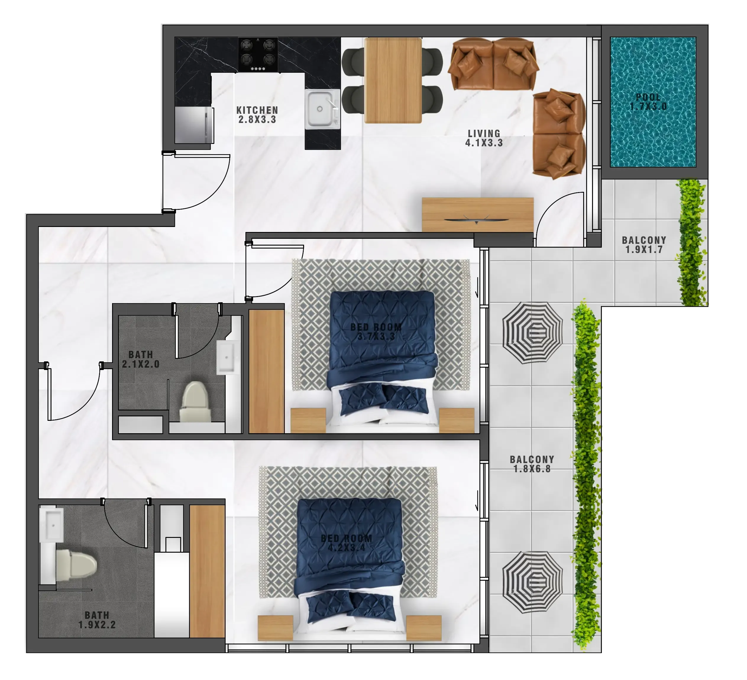 Samana Waves 2 bed floor plan, 1,078 sqft