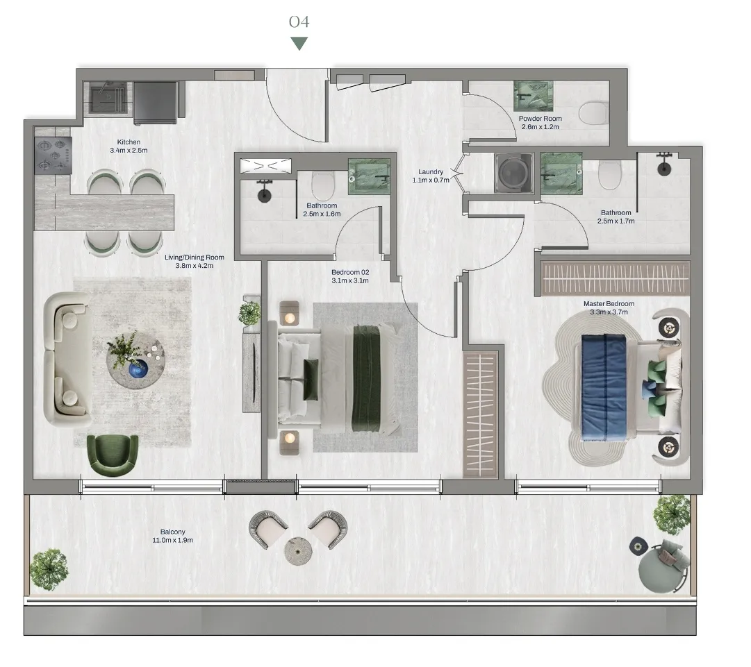 Oceara Park View Residences Phase 1 2 bed floor plan, 1,025 sqft