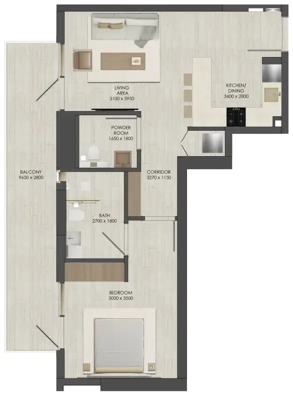 JAD 288 1 bed floor plan, 788 sqft