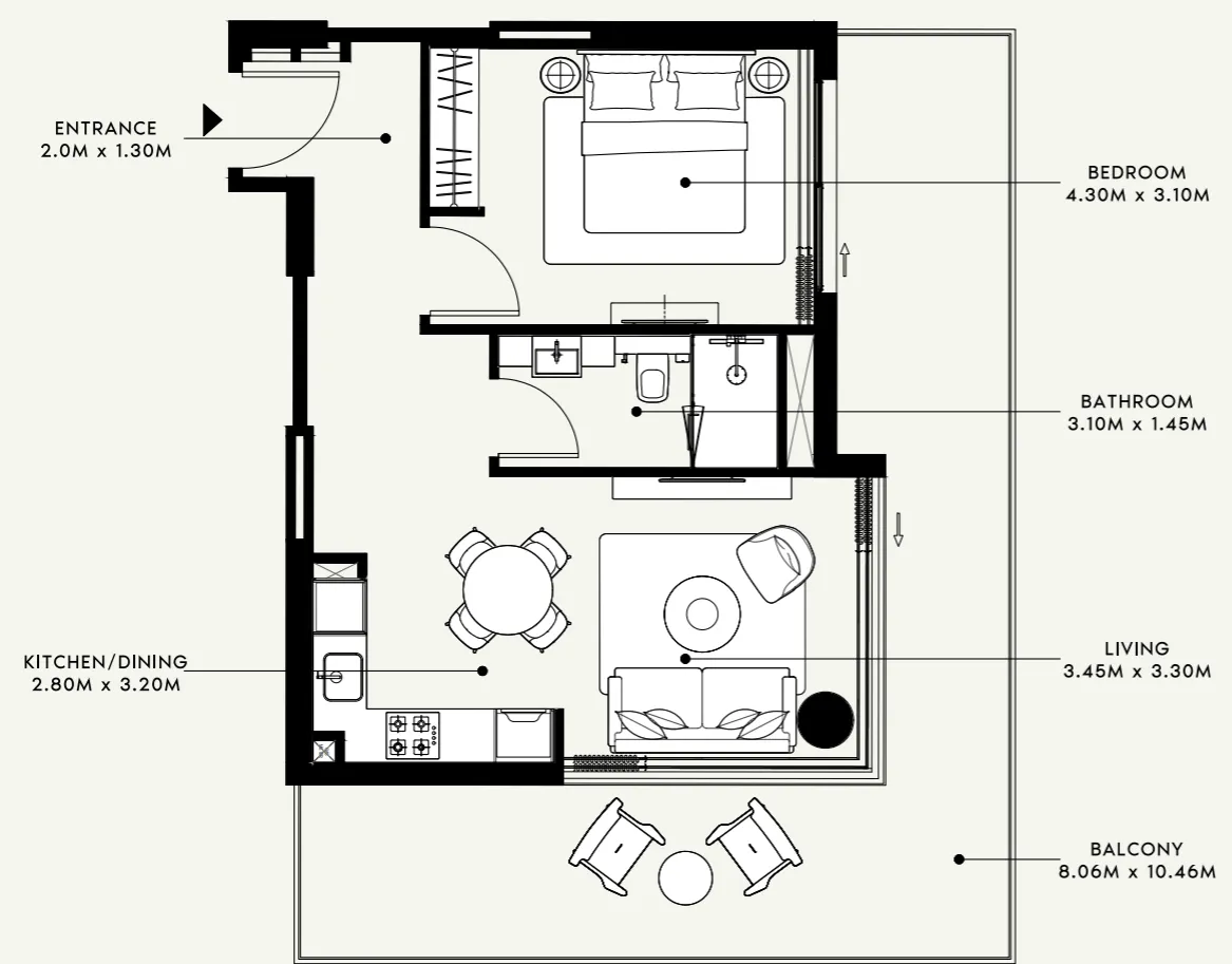 Azizi Venice 1 bed floor plan, 884 sqft