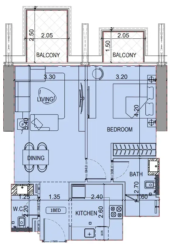 Binghatti Luxuria 1 bed floor plan, 658 sqft