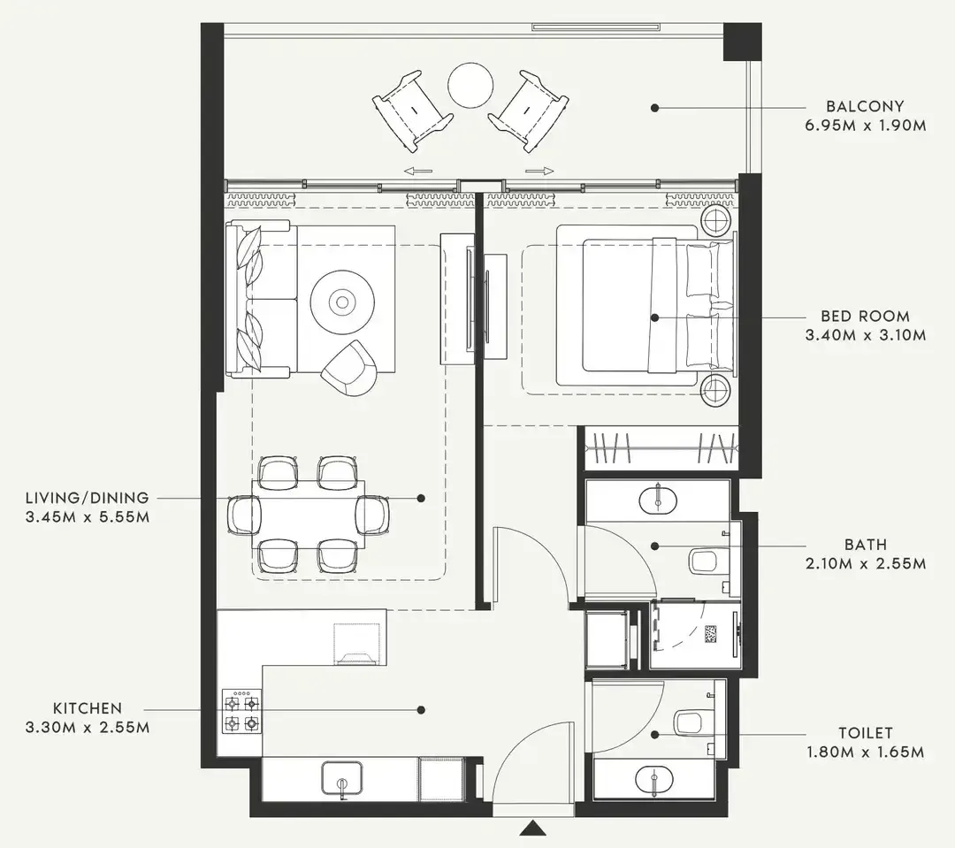 Riviera 58 1 bed floor plan, 784 sqft