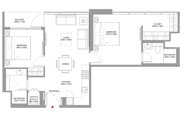 Coastline Beach Residences 2 bed floor plan, 840 sqft