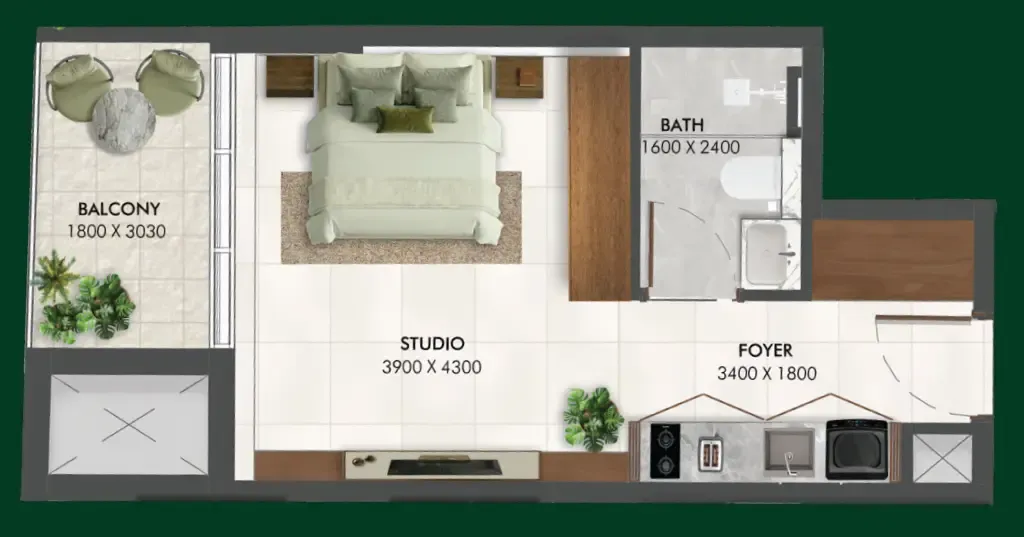 Enchante Studio floor plan, 395 sqft