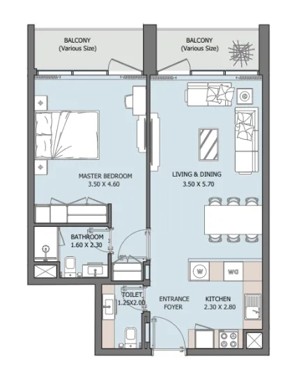 Verdana X 1 bed floor plan, 738 sqft