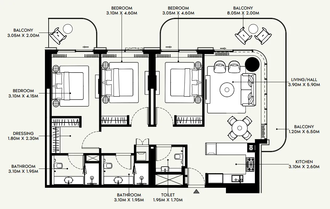Azizi Venice 3 bed floor plan, 1,617 – 1,618 sqft