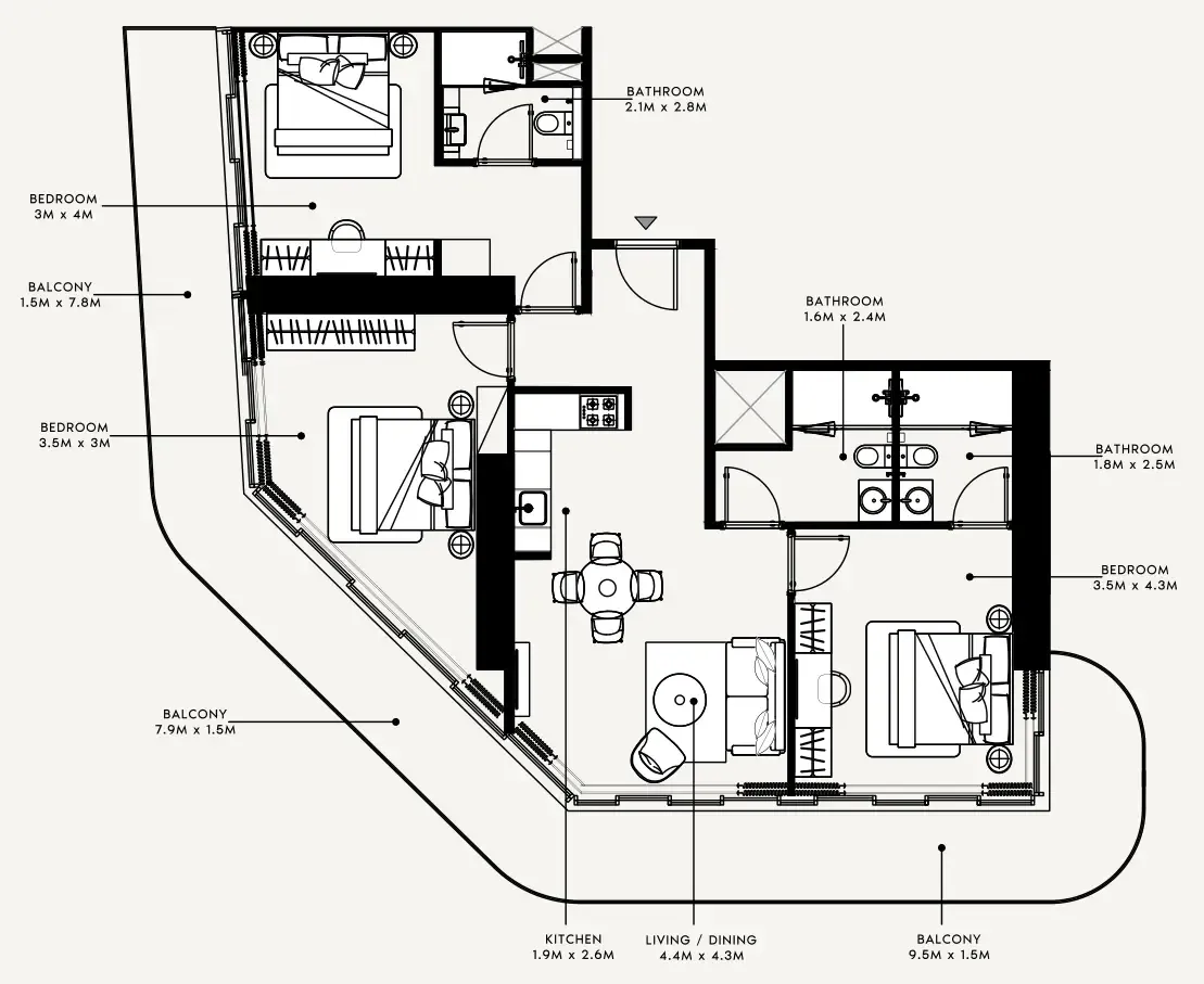 Azizi Milan 3 bed floor plan, 1,594 sqft
