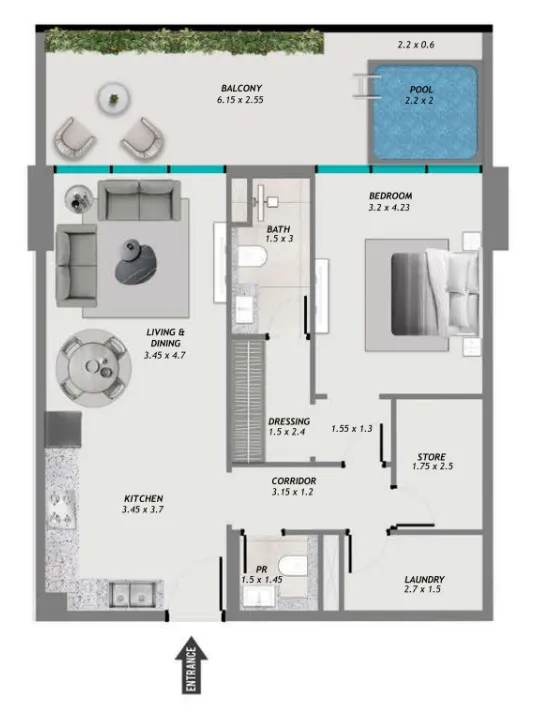 Samana Resorts 1 bed floor plan, 1,030 sqft