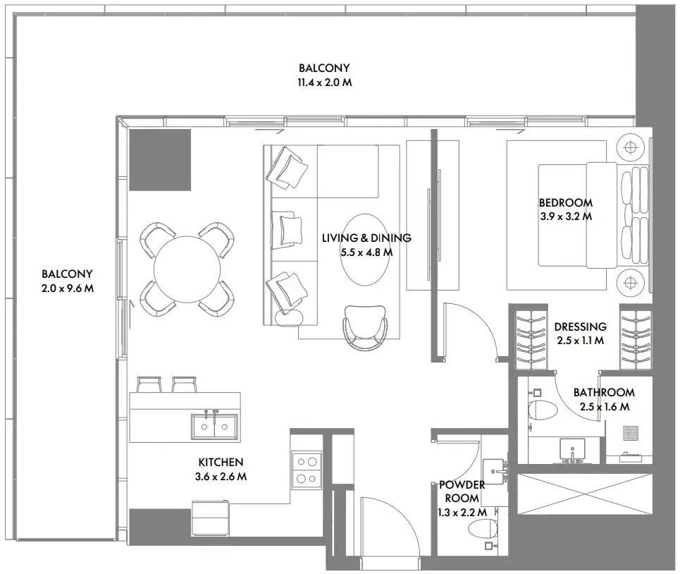 W The Residences by Arada 1 bed floor plan, 1,193 sqft