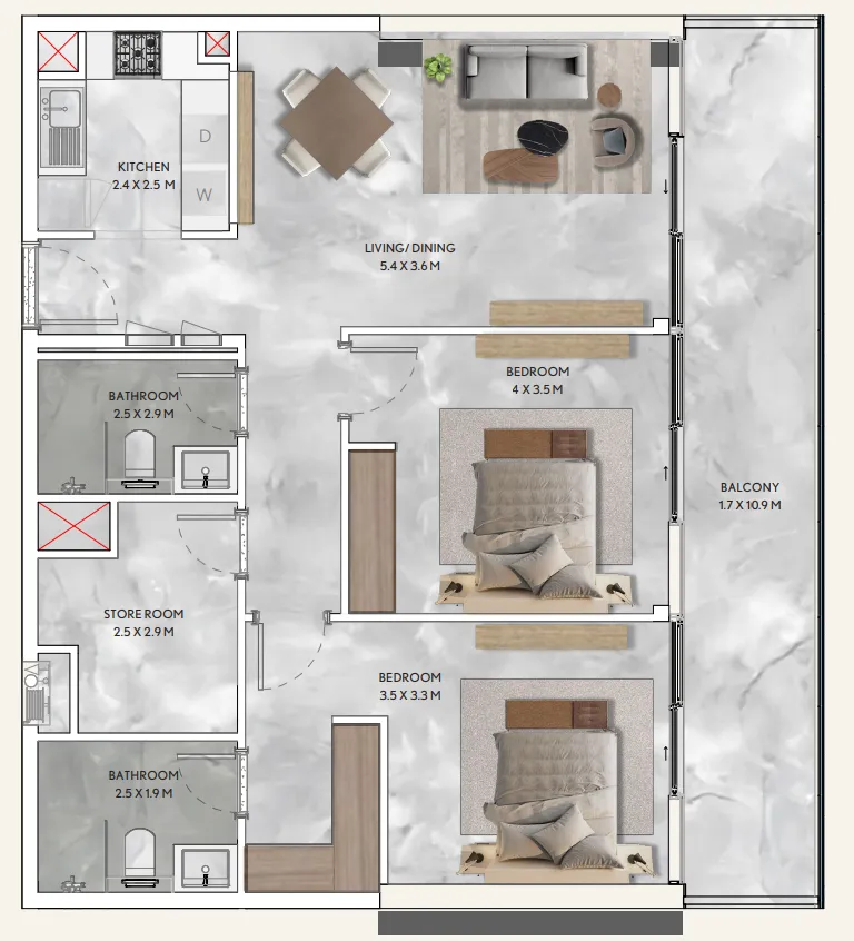 California Residences 2 bed floor plan, 1,154 sqft