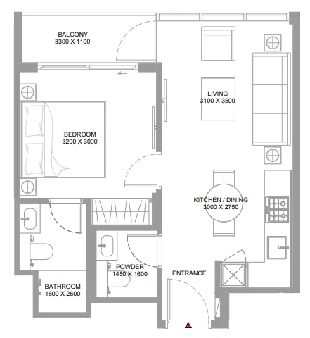 Canalside Marina Residences 1 bed floor plan, 510 – 514 sqft
