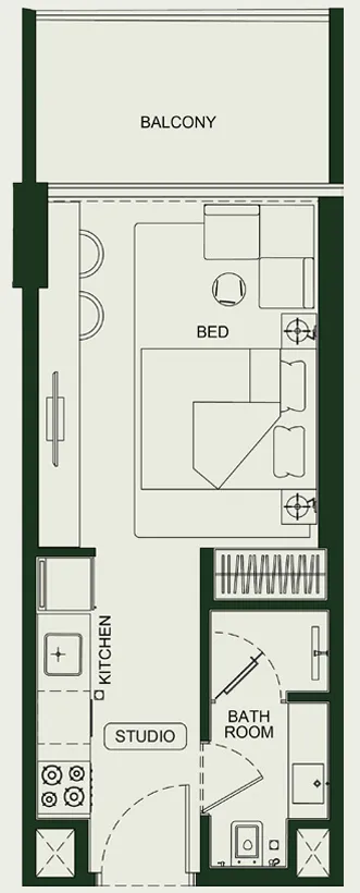 Binghatti HillCrest Studio floor plan, 369 – 388 sqft