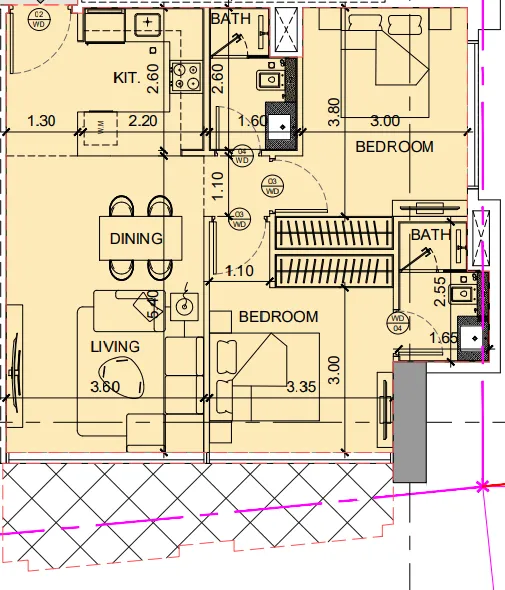 Binghatti Twilight 2 bed floor plan, 892 sqft