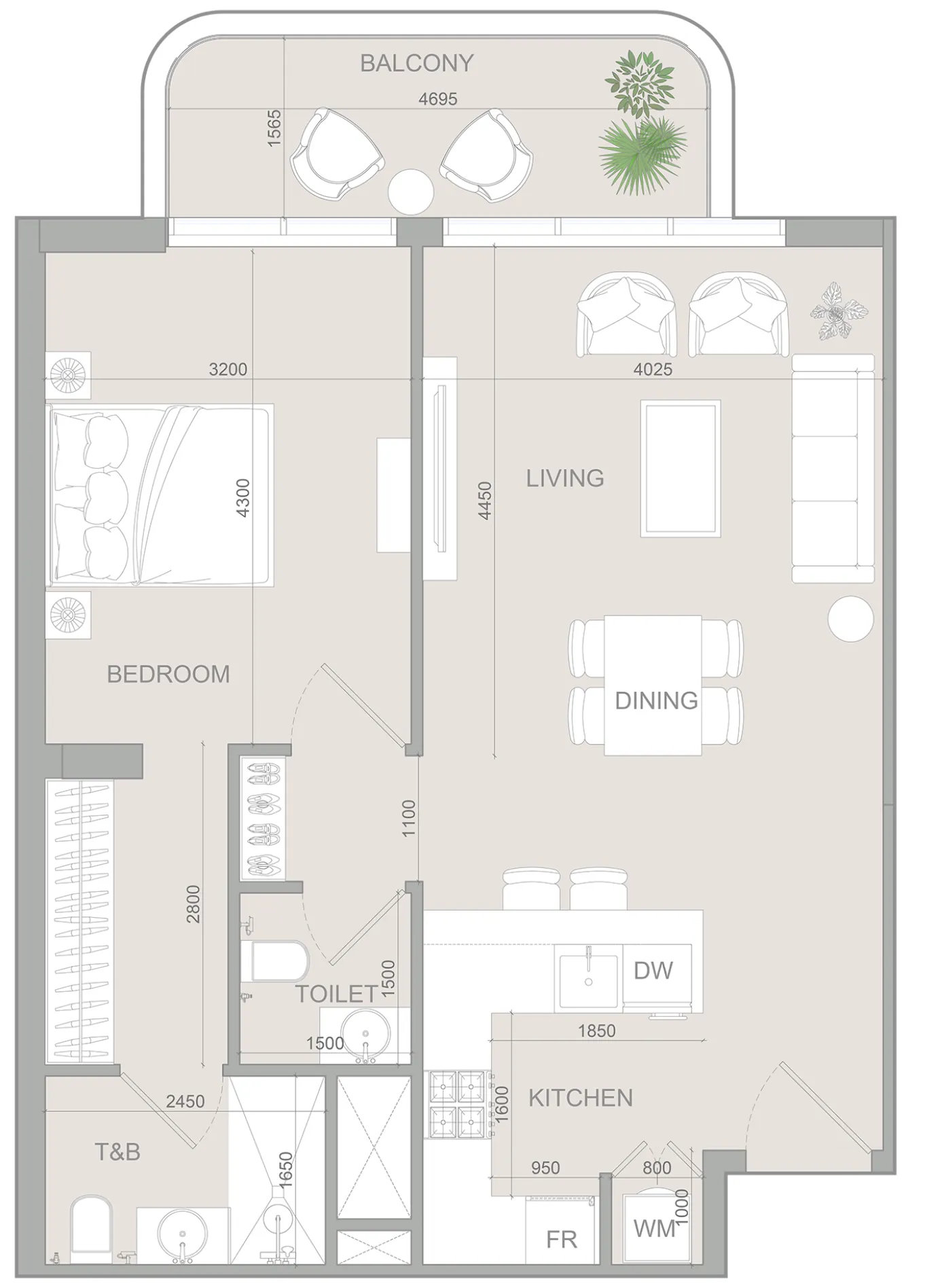 S1LV1ANA Park 1 bed floor plan, 796 sqft