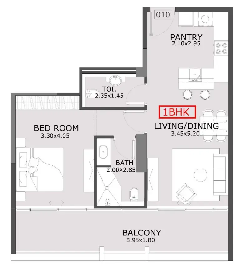 Azra Residence 1 bed floor plan, 822 sqft