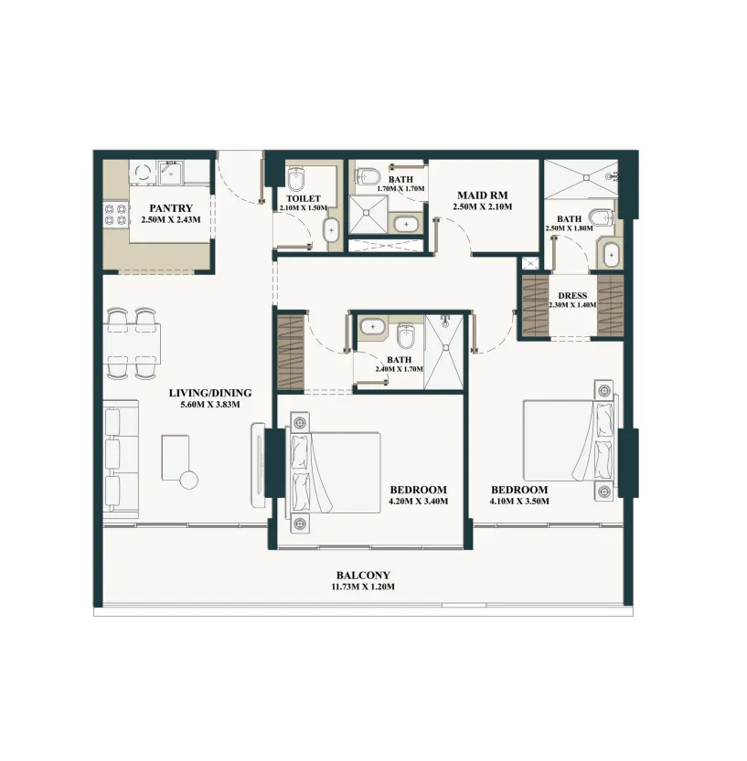 Belle Vie 2 bed floor plan, 1,290 sqft