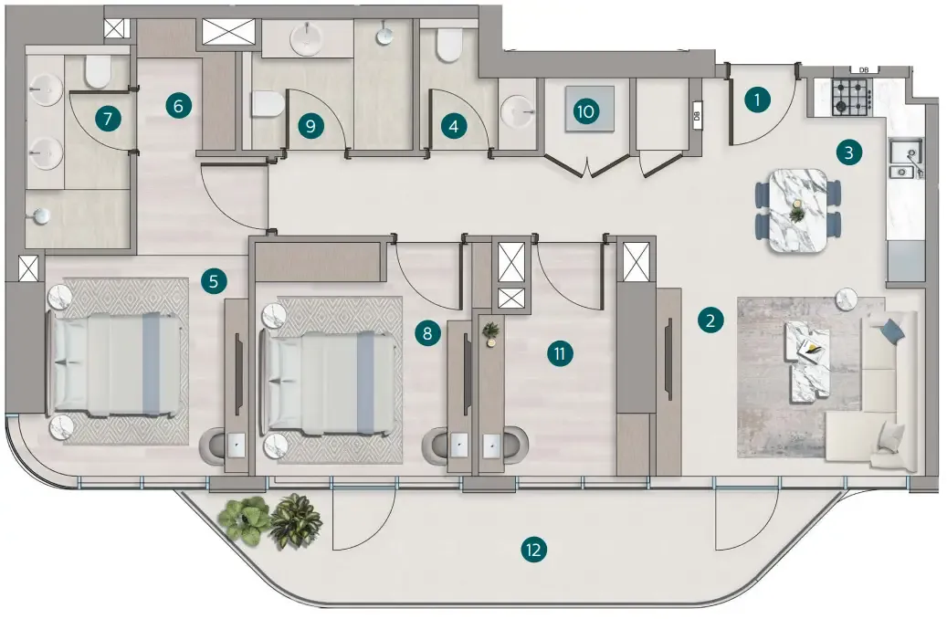 Flora Shore Beachside Residences 2 bed floor plan, 1,161 – 1,232 sqft