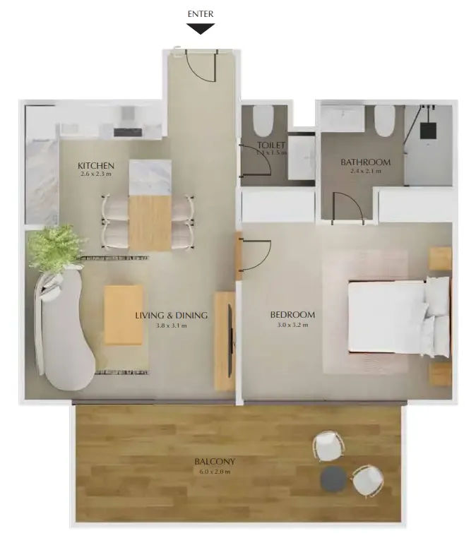 Treppan Tower 1 bed floor plan, 623 sqft