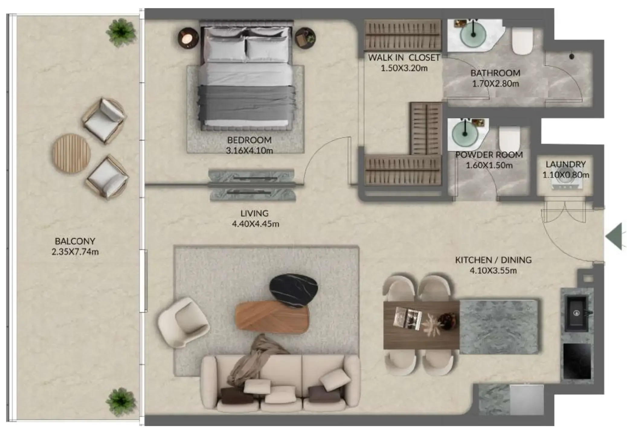 Palazzo Tissoli 1 bed floor plan, 984 sqft