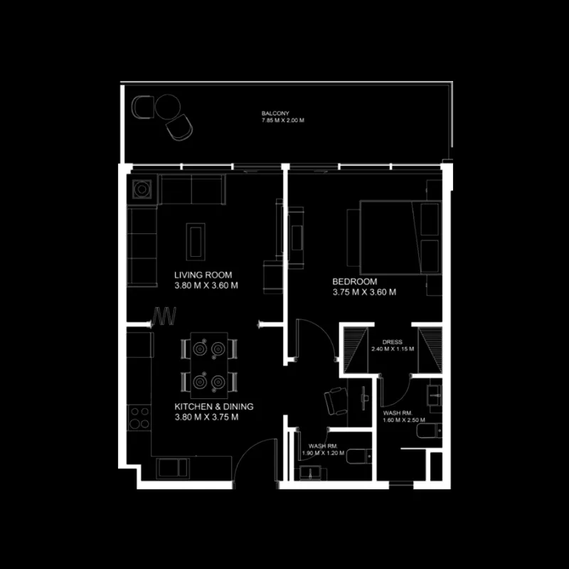 Gemz 1 bed floor plan, 829 sqft