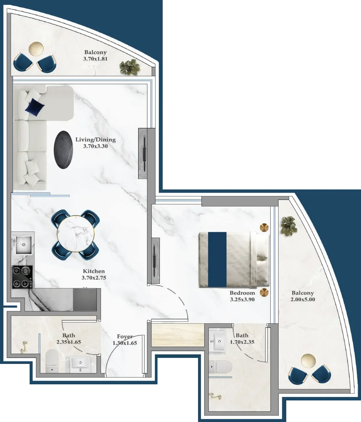 Serenz 1 bed floor plan, 593 – 601 sqft