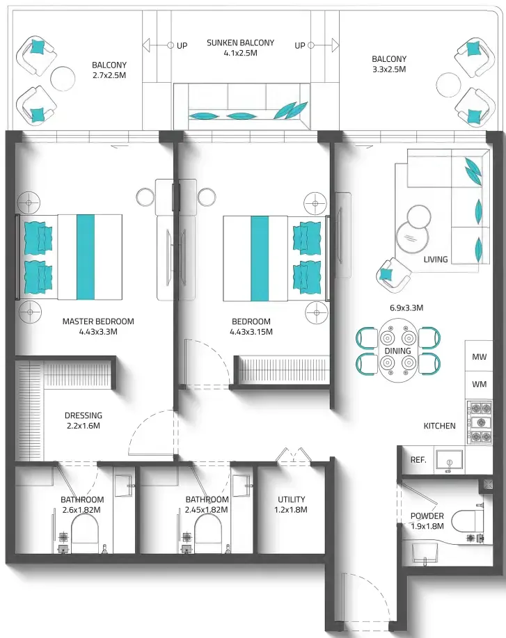 Reef 996 2 bed floor plan, 1,274 sqft