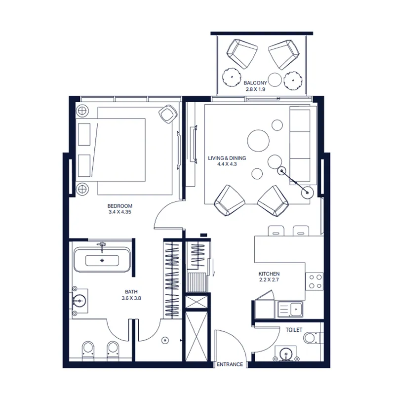 The Atria 1 bed floor plan, 822 sqft