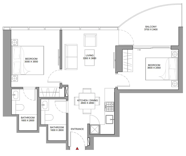 Sobha Aquamont 2 bed floor plan, 732 sqft